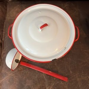 Vintage white metal pan and ladle with red accent